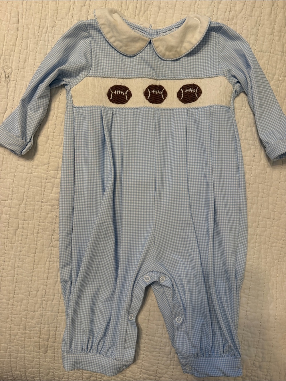 Light Blue Smocked Football Footie with Peter Pan Collar